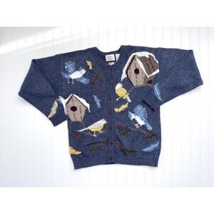 vtg Northern Treasures blue bird bird house wool blend cardigan sweater‎